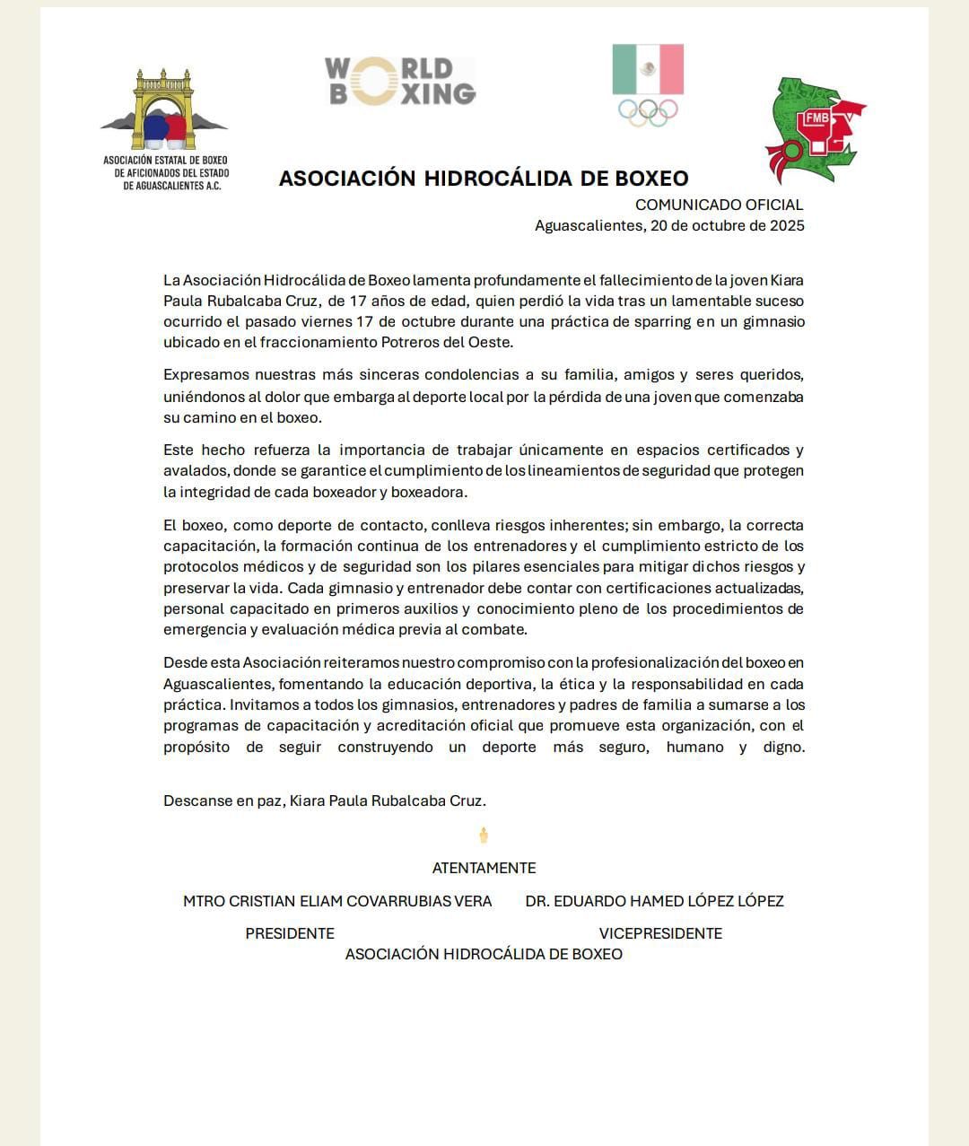 Adolescente muere en práctica de box en Aguascalientes; acusan negligencia - comunicado-de-la-asociacion-hidrocalida-de-boxeo-por-la-muerte-de-kiara-paula